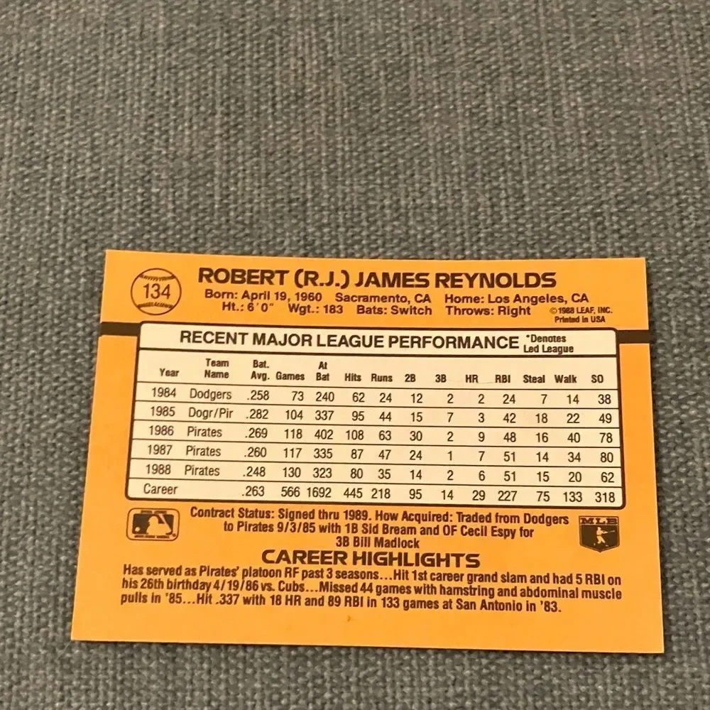 1989 Donruss Pittsburgh Pirates Baseball Card Trading Card